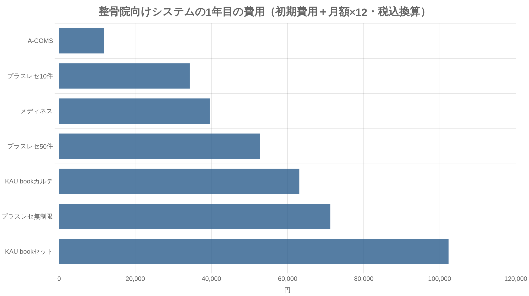 整骨院向けシステムの1年目の費用（初期費用＋月額×12・税込換算）