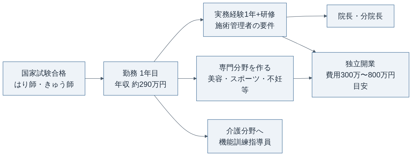 鍼灸師のキャリアと年収アップの主なルート（本記事で作成。年収・費用は本文の出典による）